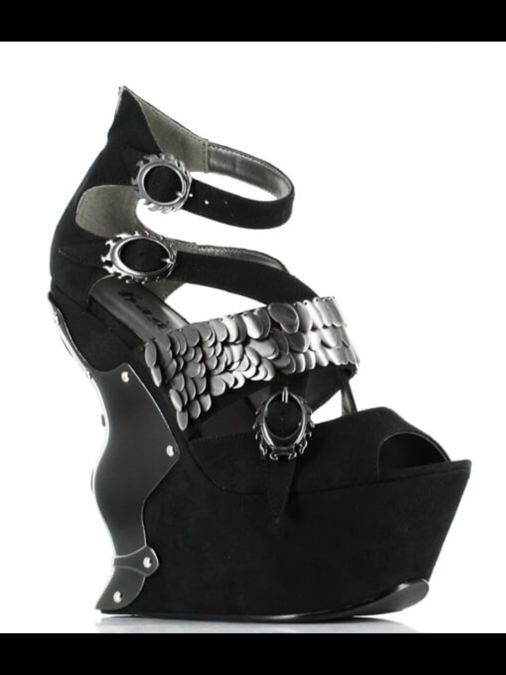 658. Hades Leia Black Suede Egyptian Scale Platform Wedge Heels Size 10